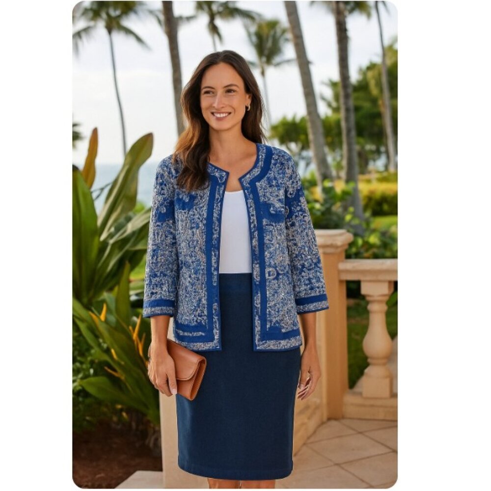 Chico's Blue & White Baroque Print Eyelet Lace Open Front Jacket - Picture 3 of 10